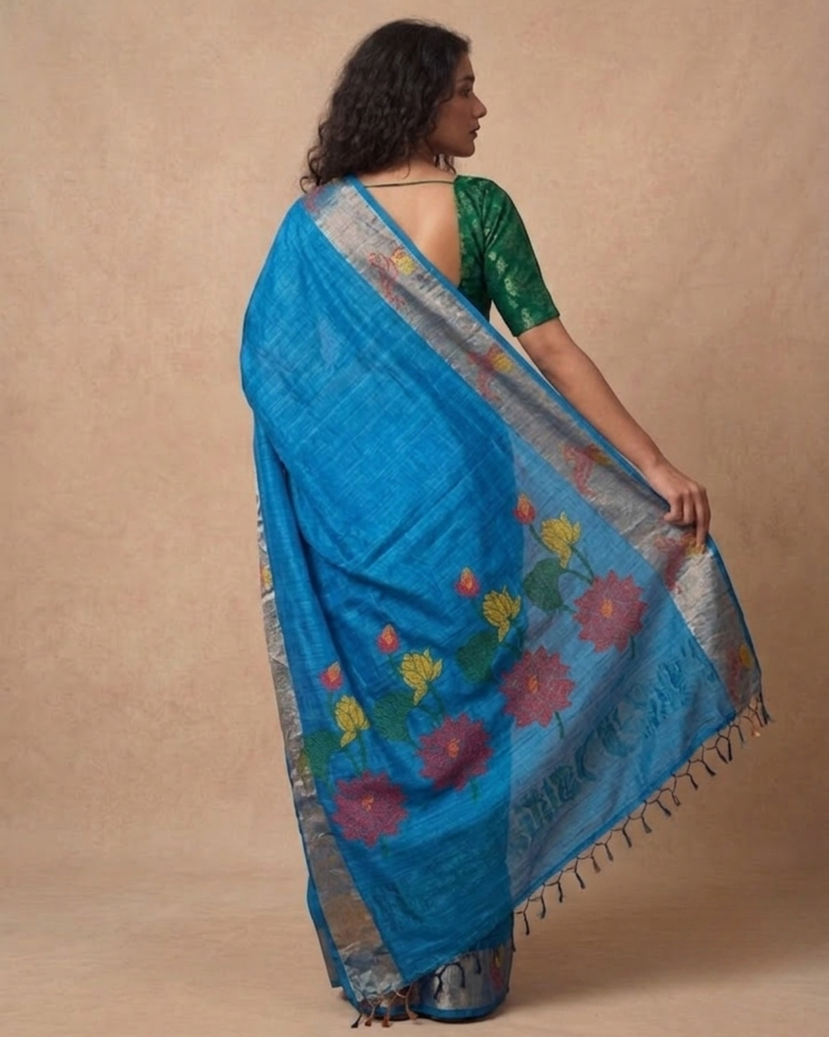 Turqoise Blue Tussar Jamdani Saree