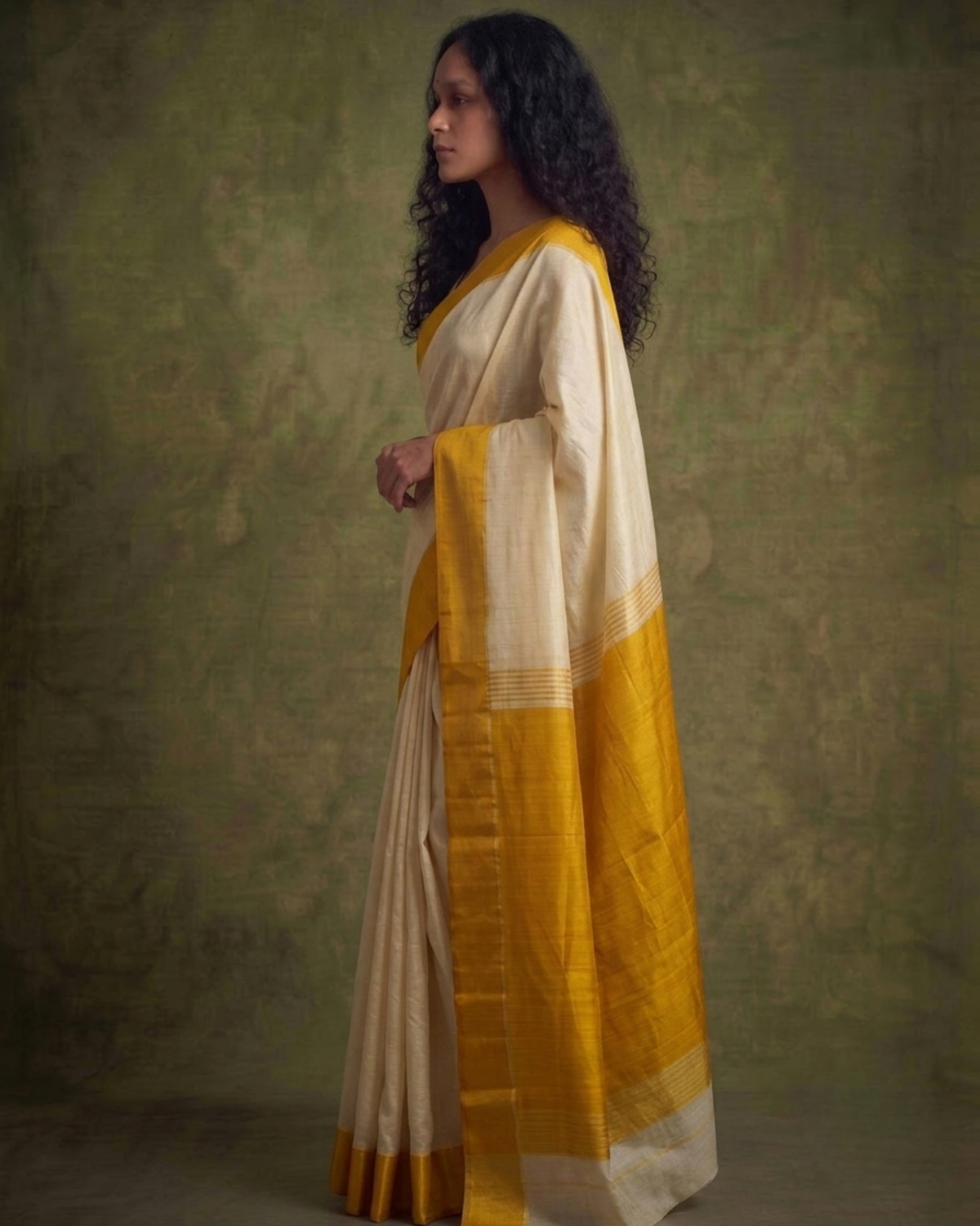 Yellow border offwhite Gorod Silk Saree