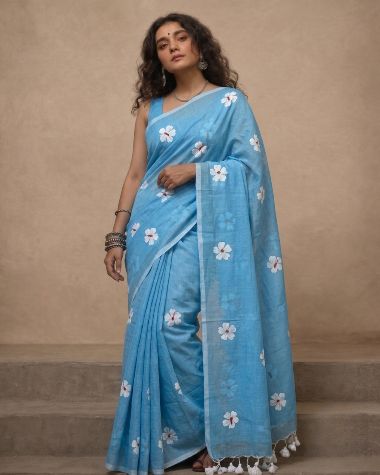 Sea Blue Shiuli Mul Cotton Saree