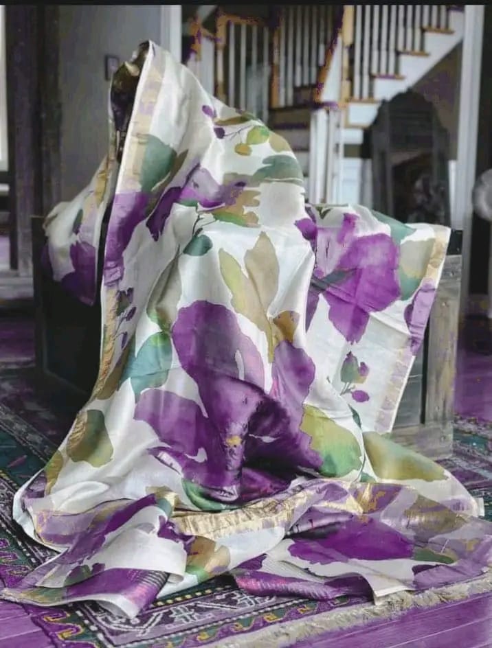 Tussar silk saree- white and purple handpainted