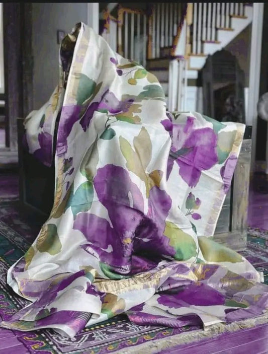 Tussar silk saree- white and purple handpainted