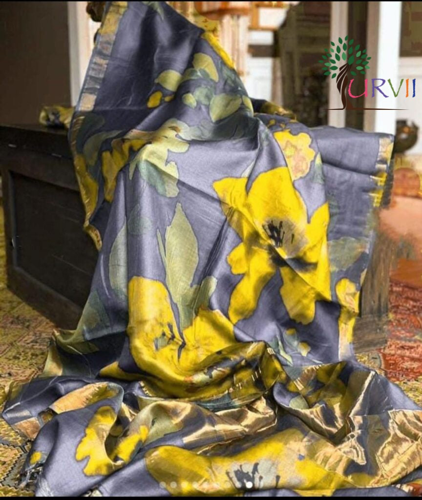 Tussar silk saree- gray and yellow handpainted