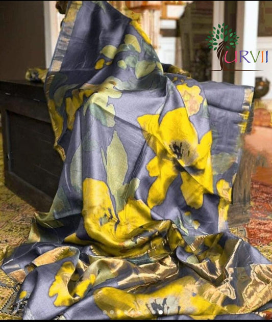 Tussar silk saree- gray and yellow handpainted