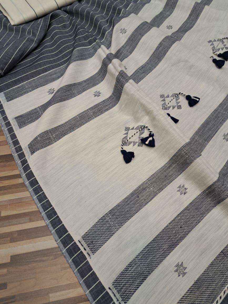 Handloom cotton saree- grey and white stripes