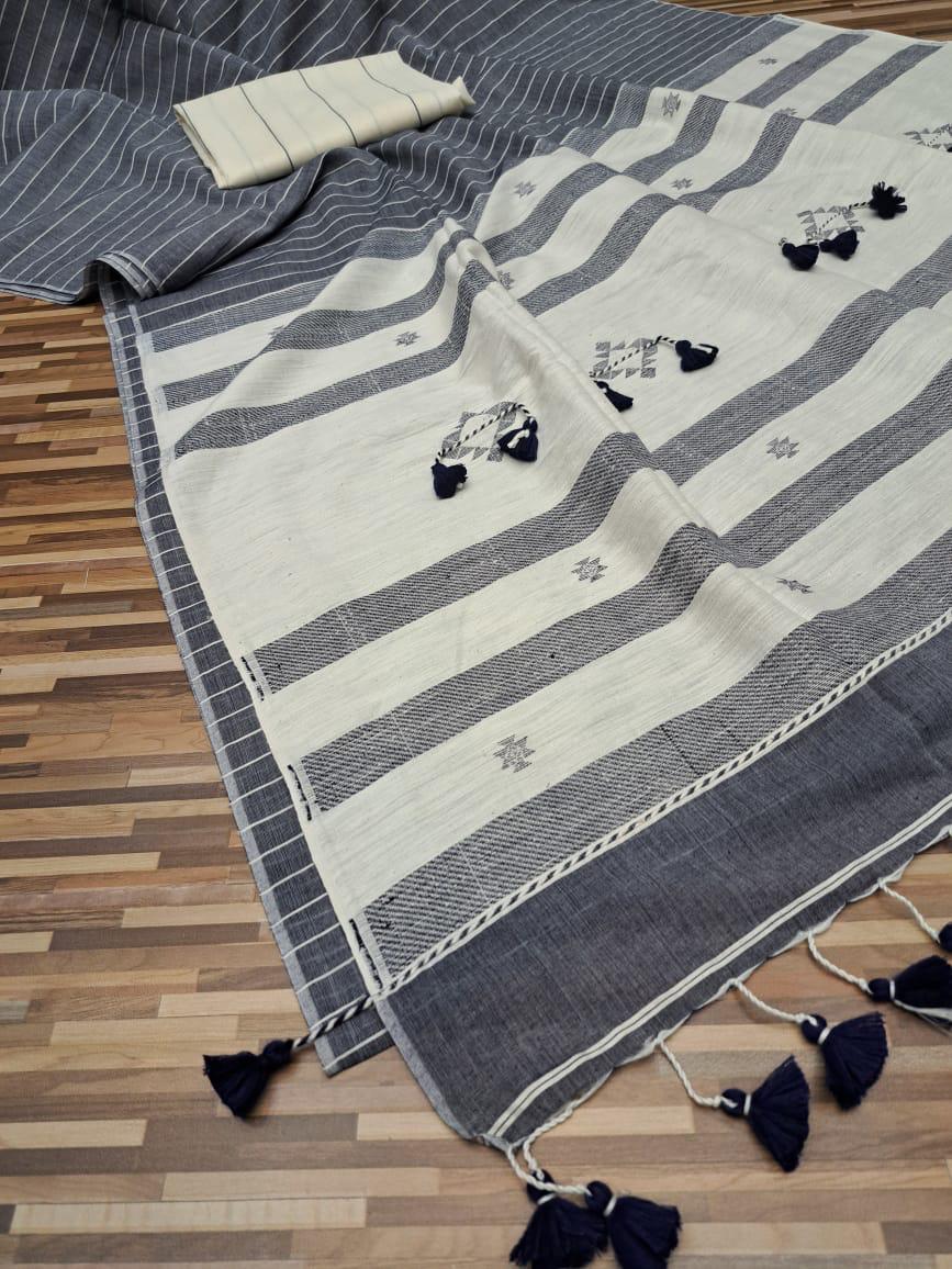 Handloom cotton saree- grey and white stripes