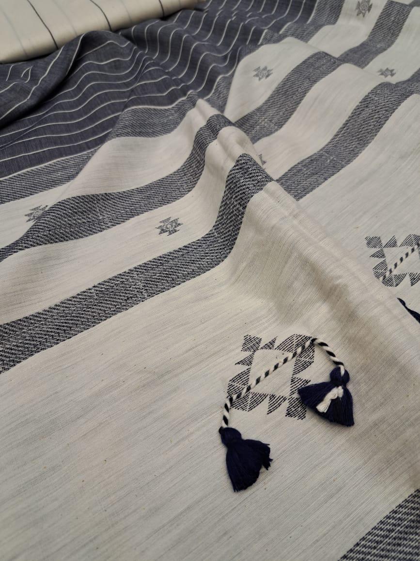 Handloom cotton saree- grey and white stripes