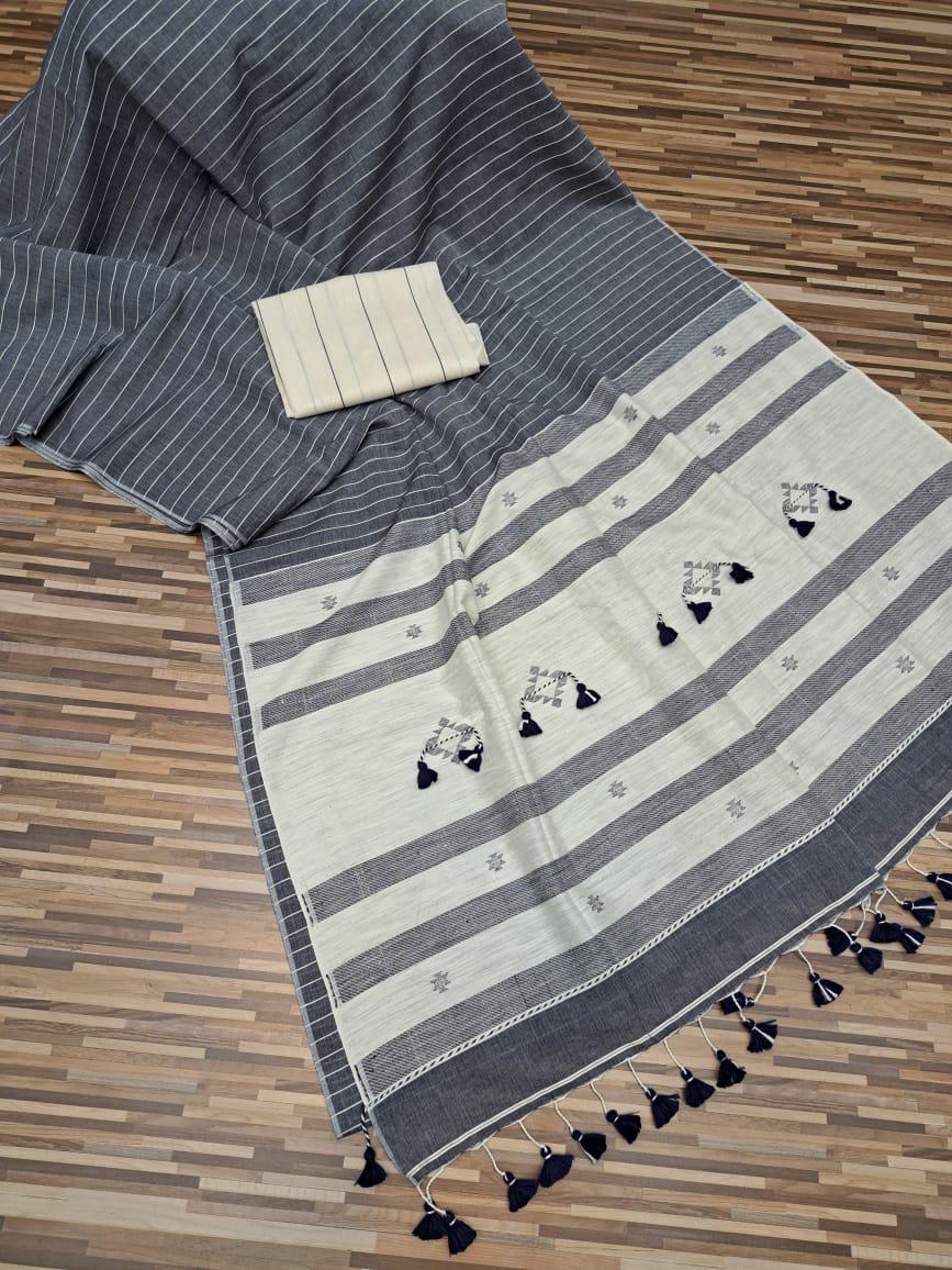 Handloom cotton saree- grey and white stripes