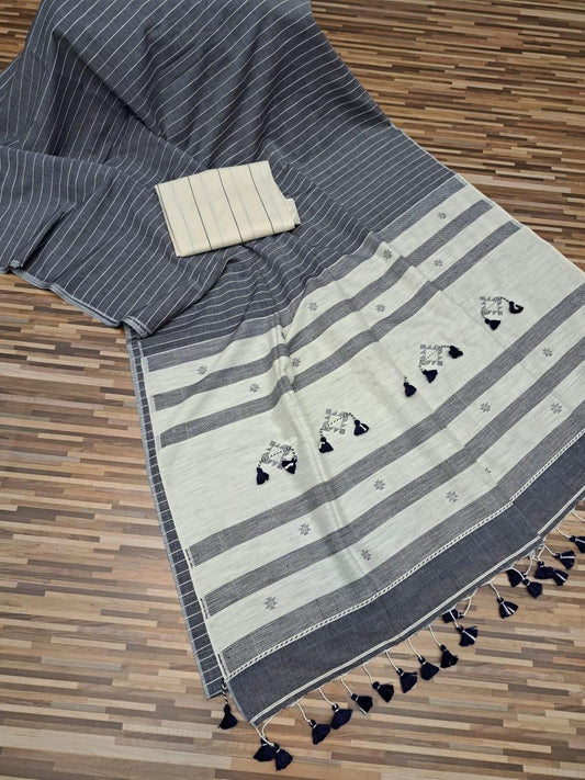 Handloom cotton saree- grey and white stripes