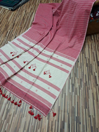 Handloom cotton saree- red and white stripes