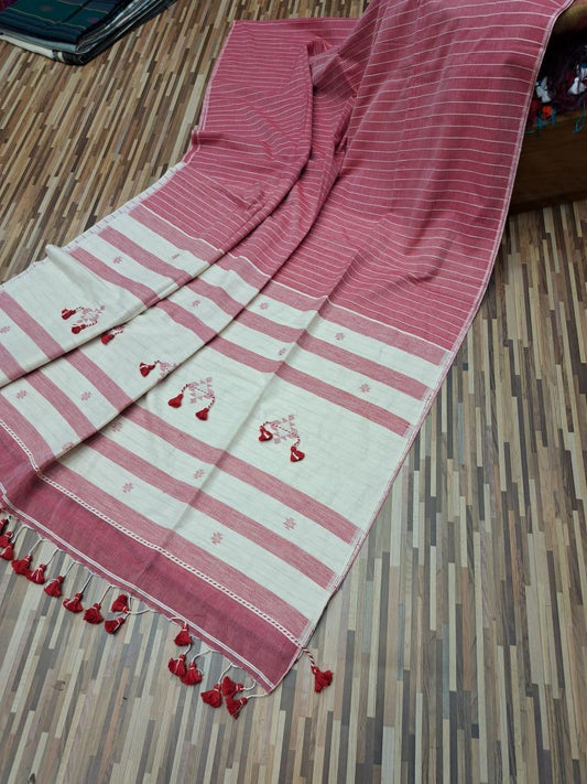 Handloom cotton saree- red and white stripes