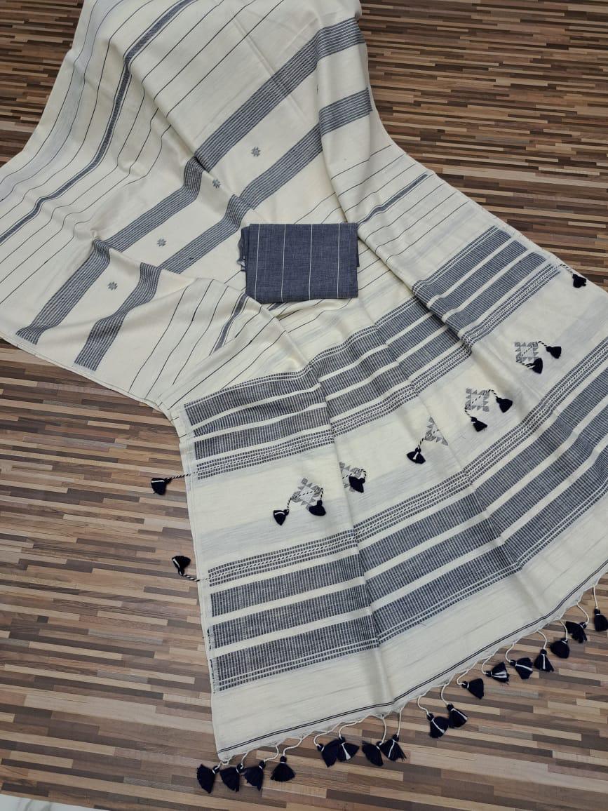 Handloom cotton saree- white and gray stripes