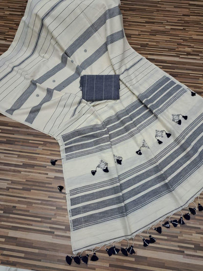 Handloom cotton saree- white and gray stripes