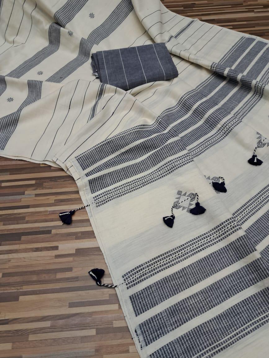 Handloom cotton saree- white and gray stripes