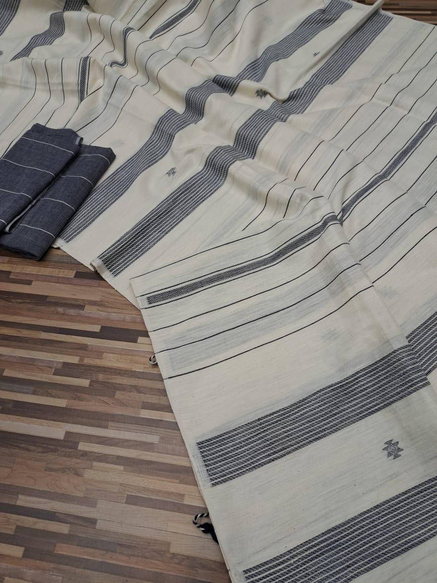 Handloom cotton saree- white and gray stripes