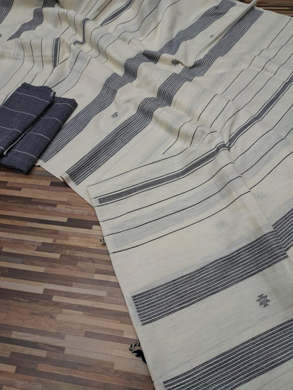 Handloom cotton saree- white and gray stripes