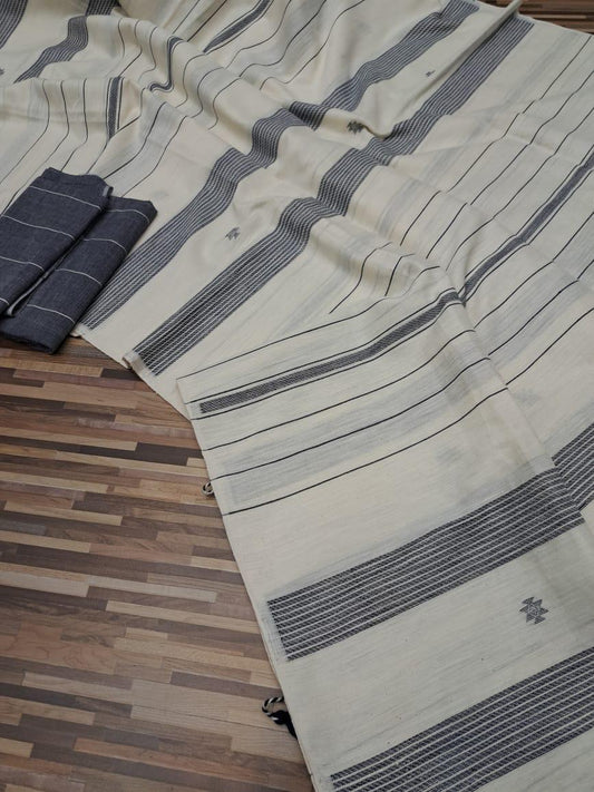 Handloom cotton saree- white and gray stripes