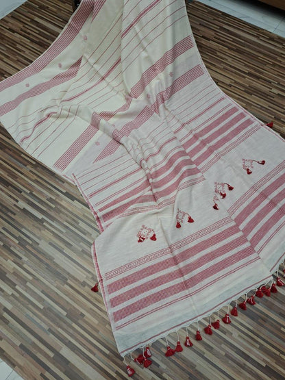 Handloom cotton saree- red and white stripes