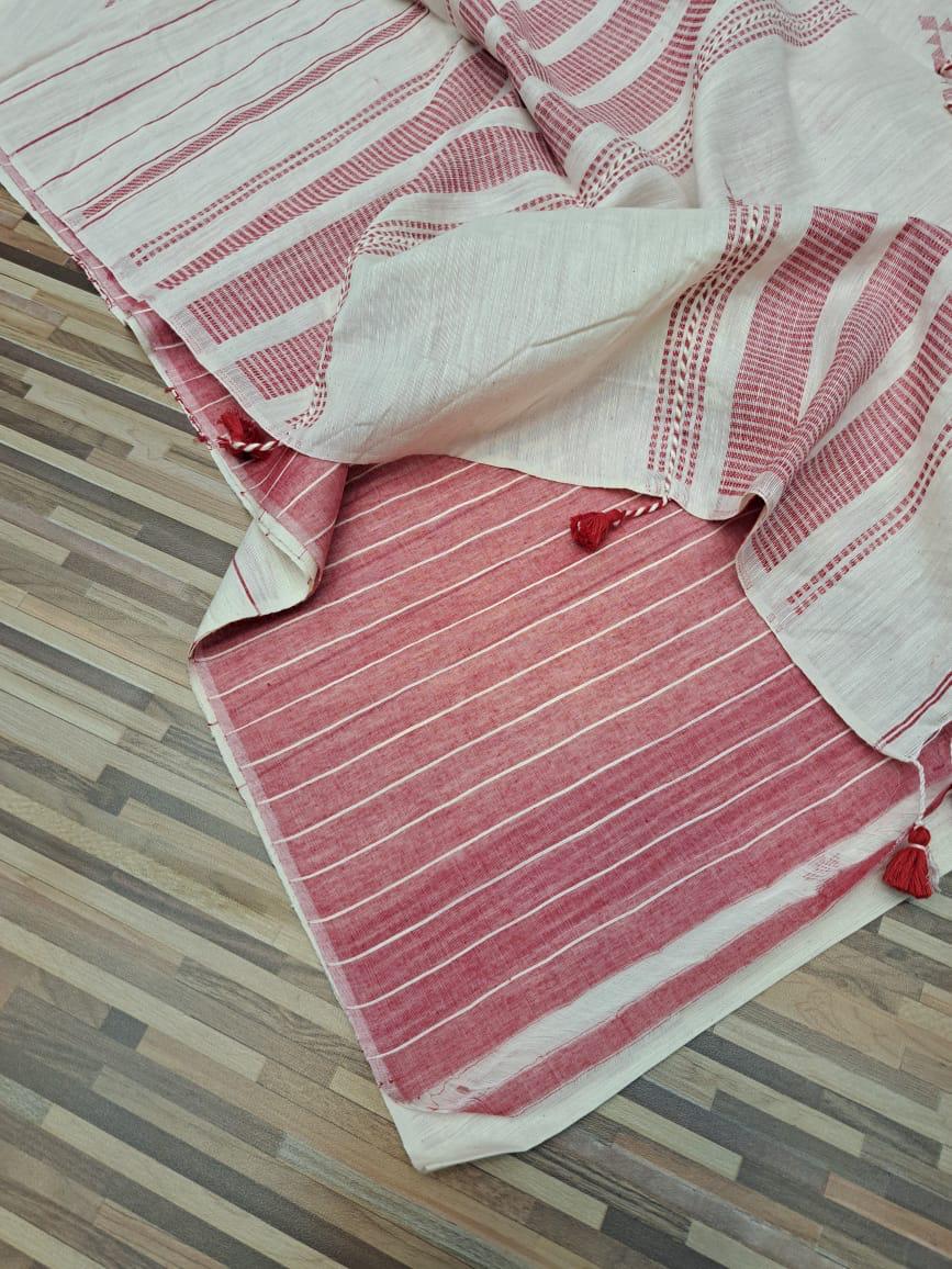 Handloom cotton saree- red and white stripes