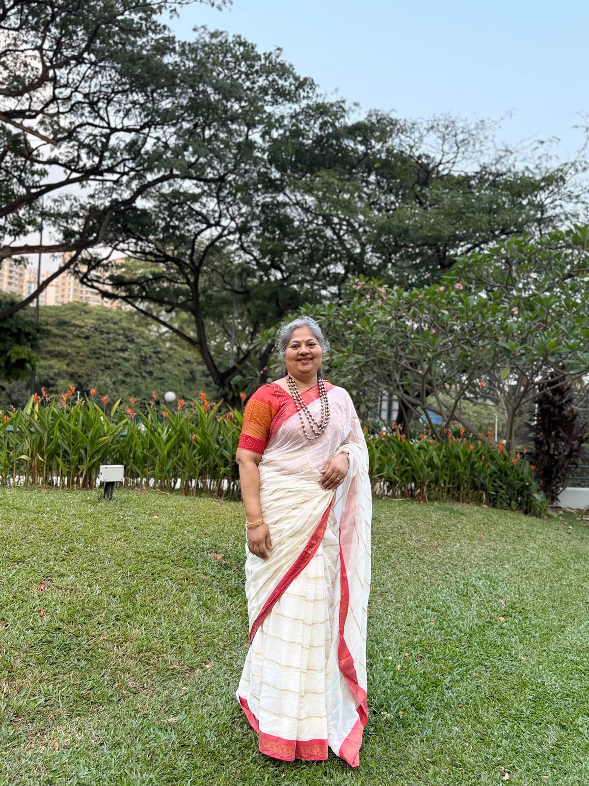 Off white red Kanchi border golden stripe saree