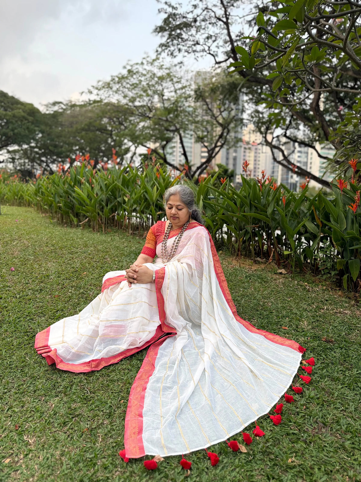 Off white red Kanchi border golden stripe saree