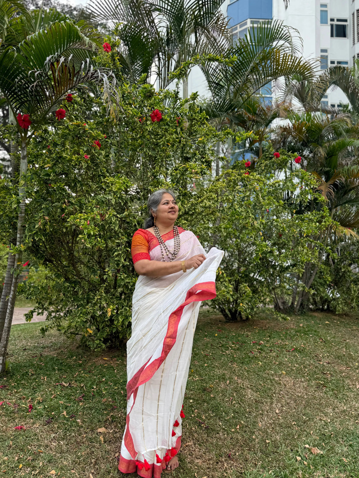 Off white red Kanchi border golden stripe saree