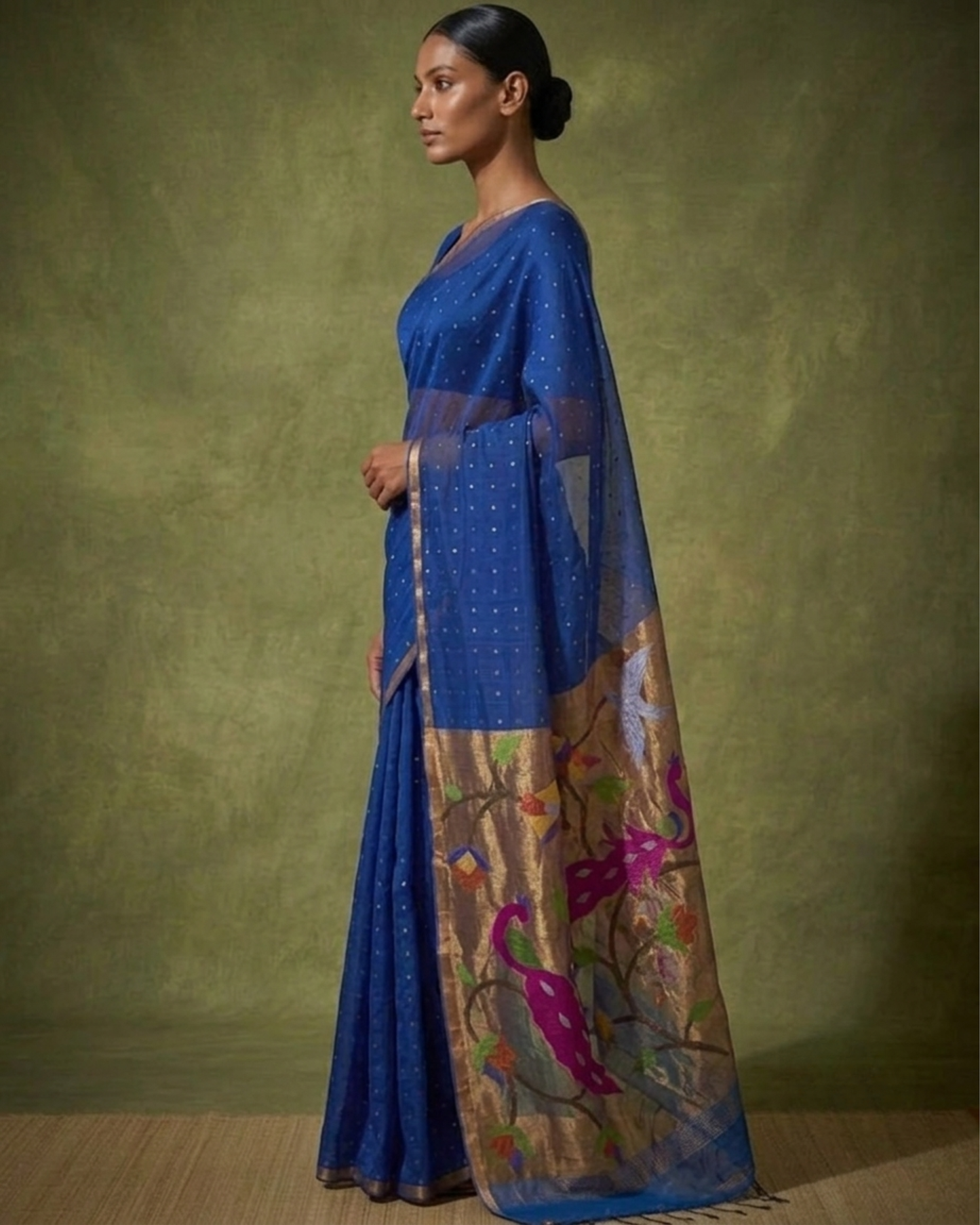 Handspun Royal Blue Paithani Resham Silk Saree