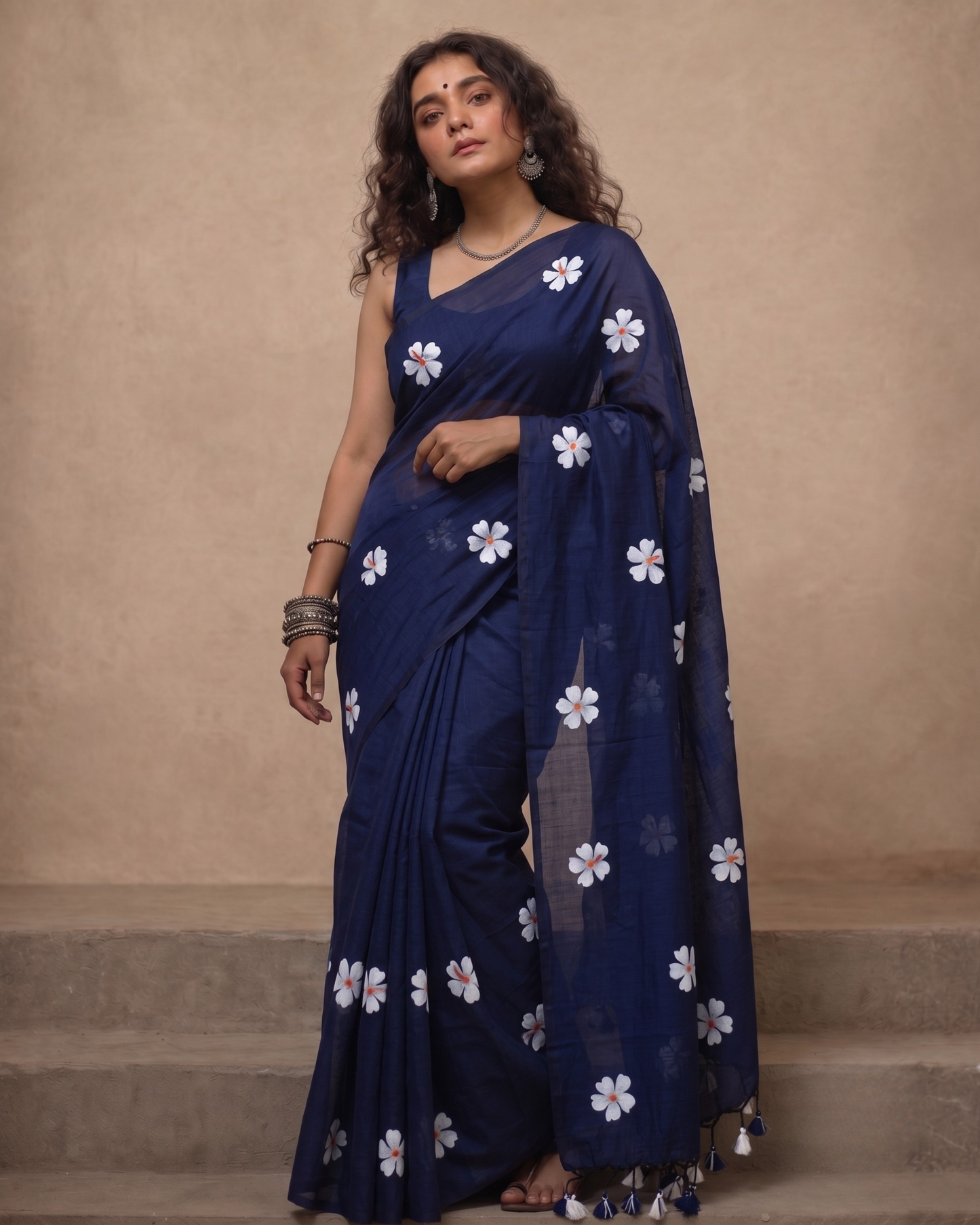 Navy Shiuli Mul Cotton Saree