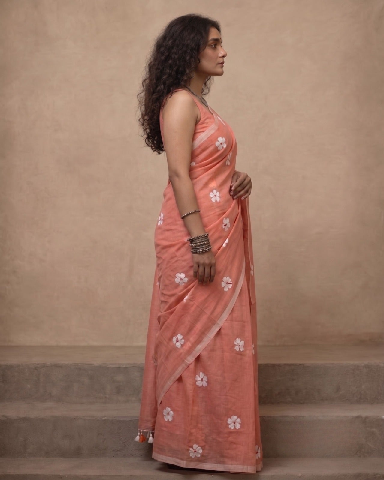 Peach Shiuli Mul Cotton Saree