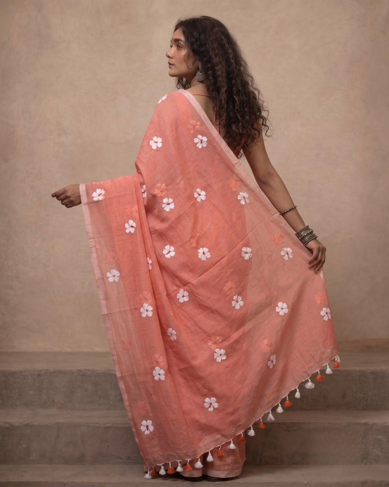 Peach Shiuli Mul Cotton Saree
