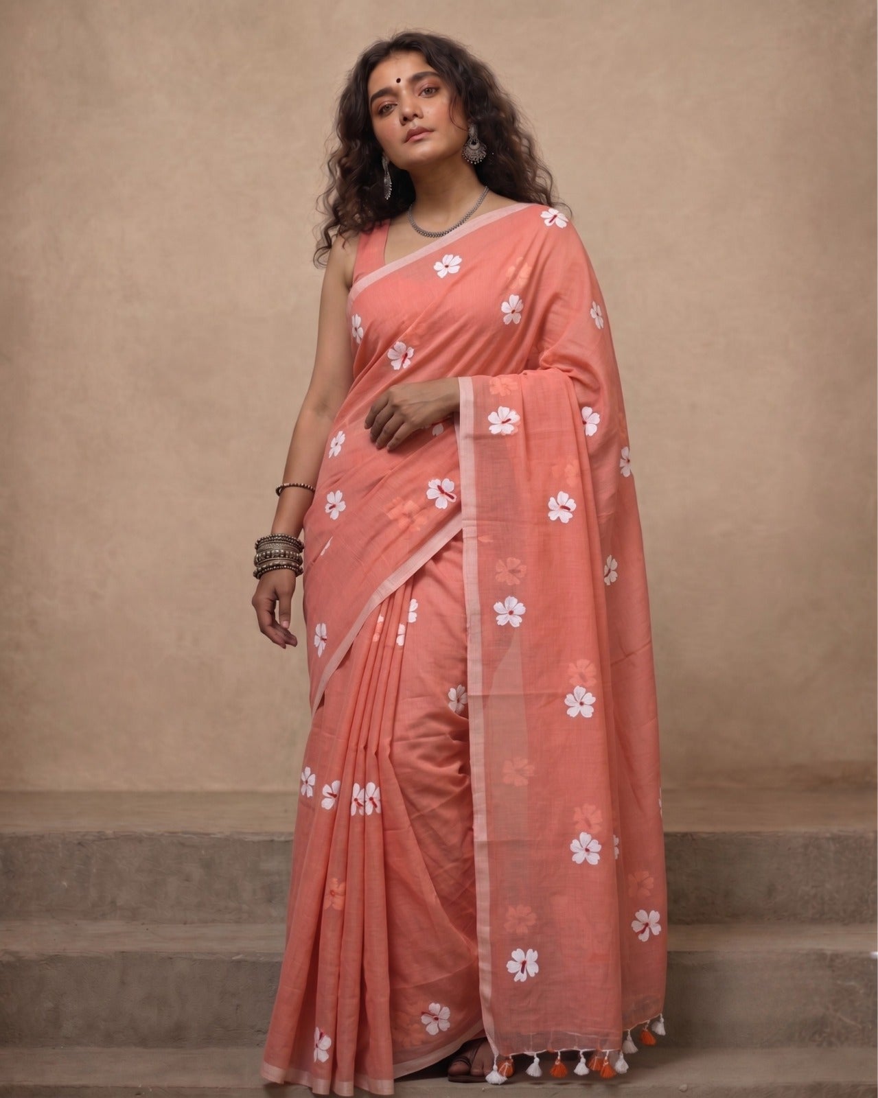 Peach Shiuli Mul Cotton Saree