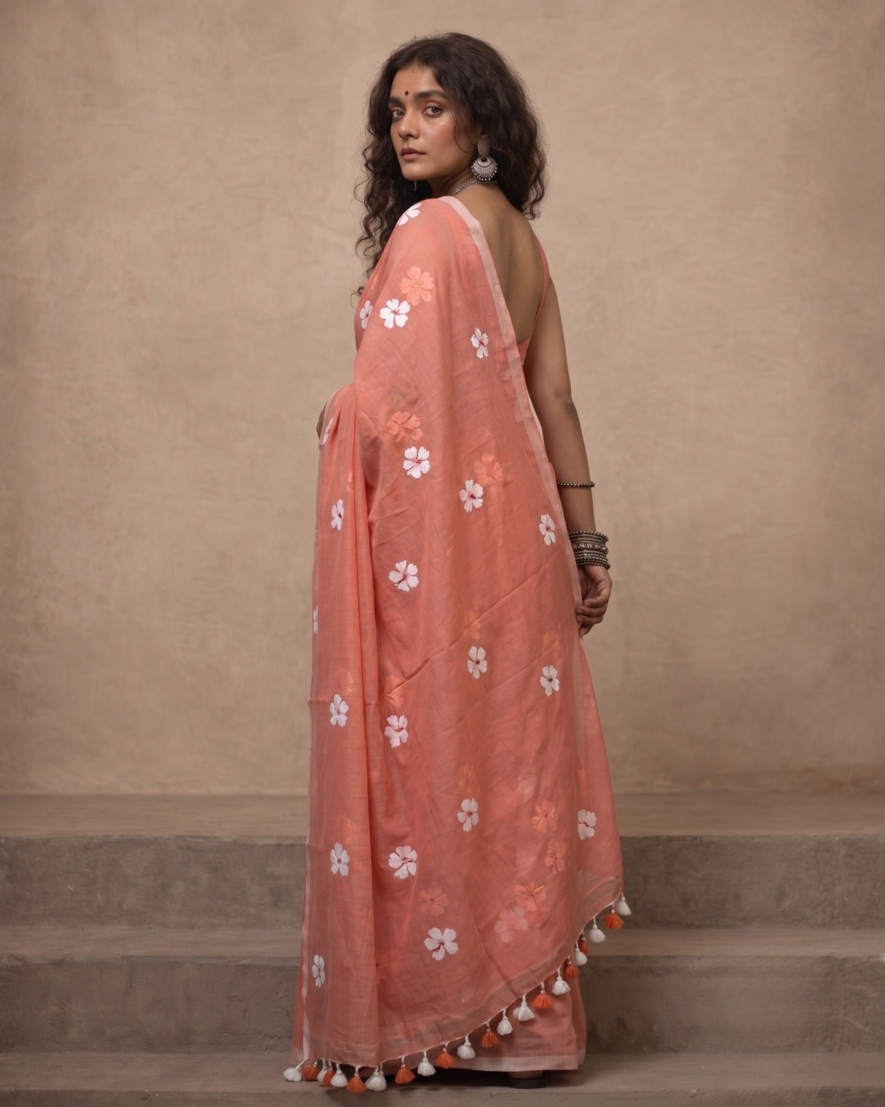 Peach Shiuli Mul Cotton Saree