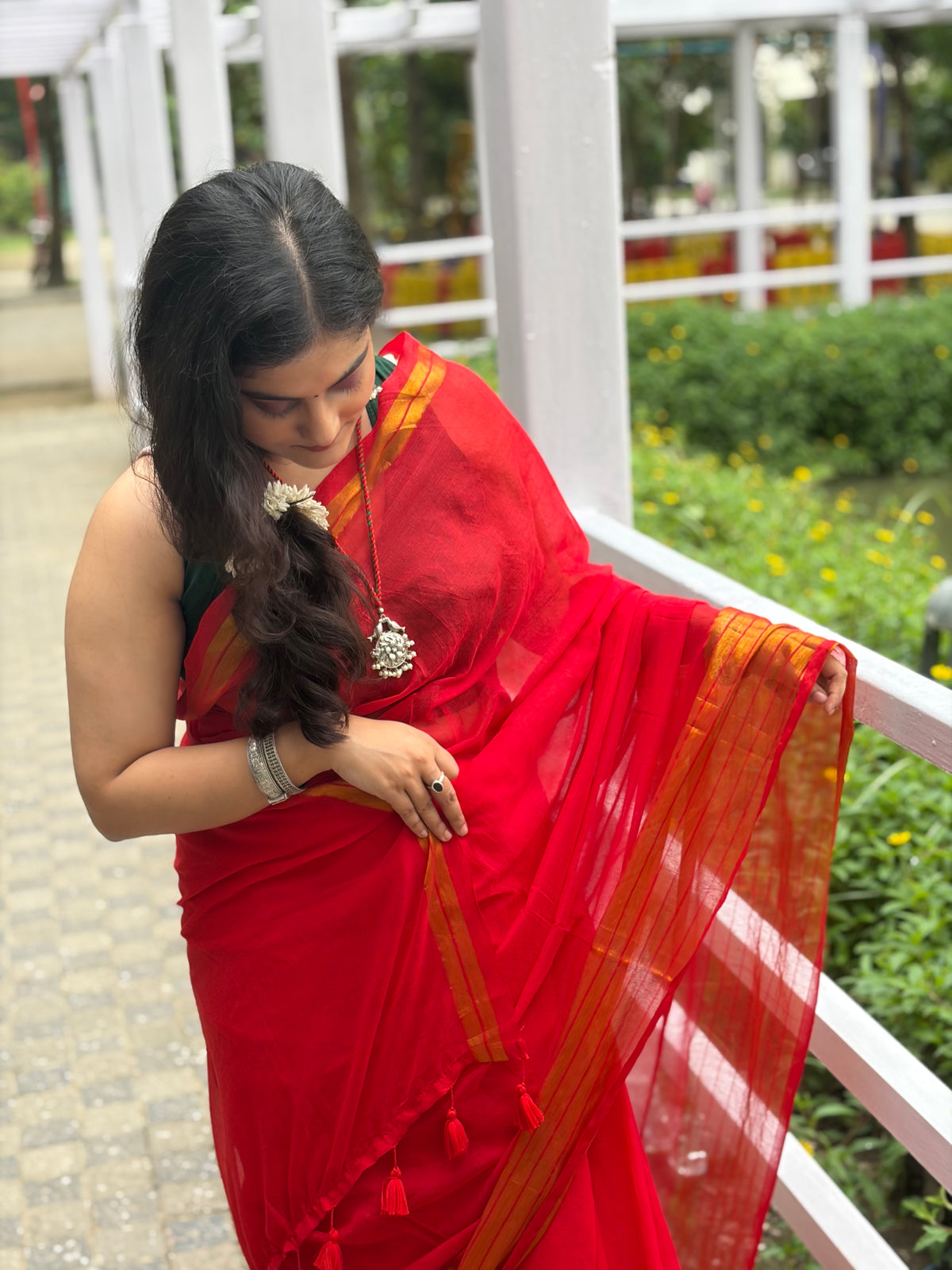 Red mul cotton saree golden striped border