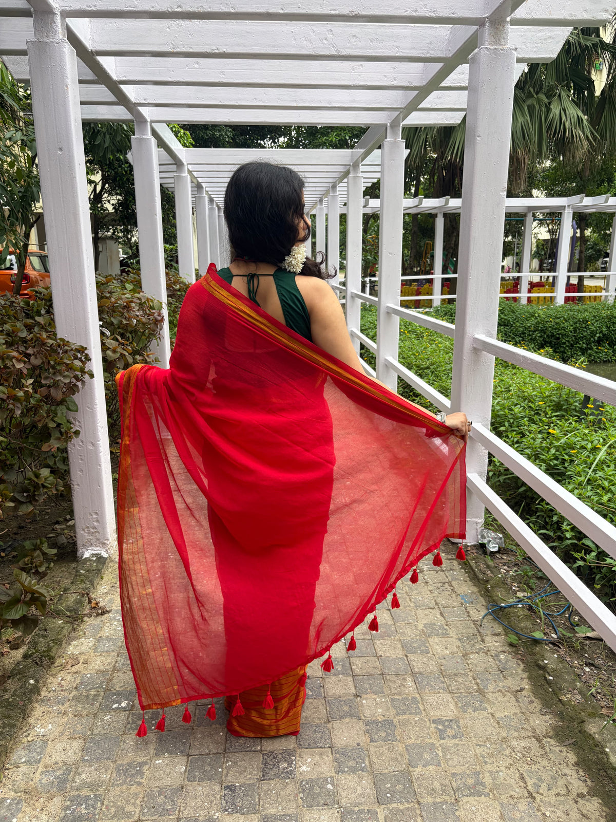 Red mul cotton saree golden striped border