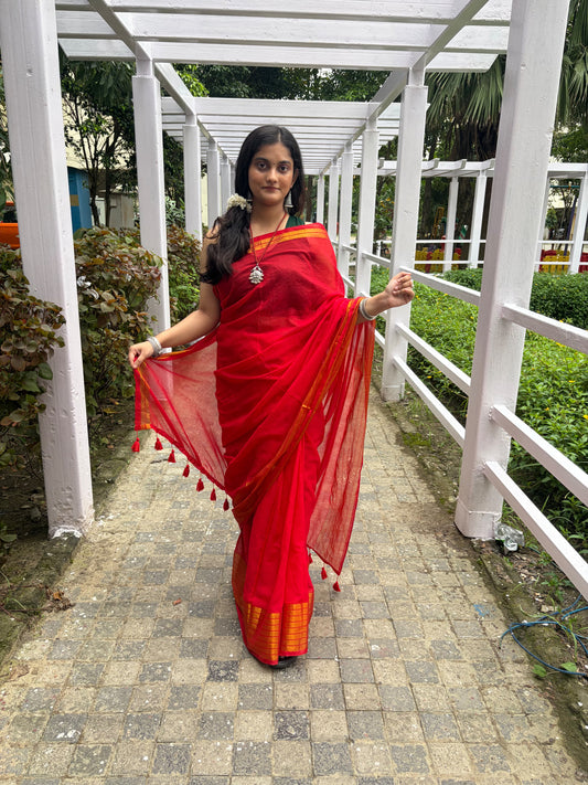 Red mul cotton saree golden striped border