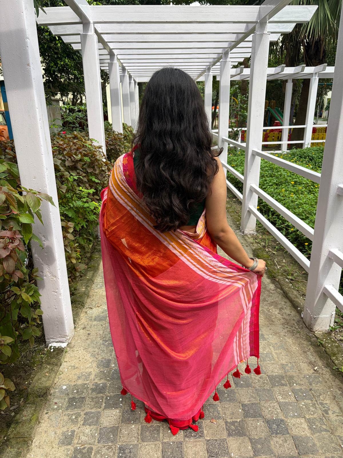 Red tissue mul cotton saree with woven borders