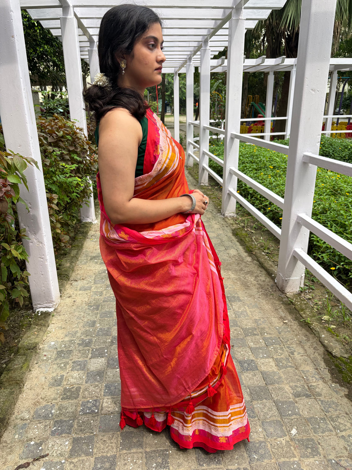 Red tissue mul cotton saree with woven borders