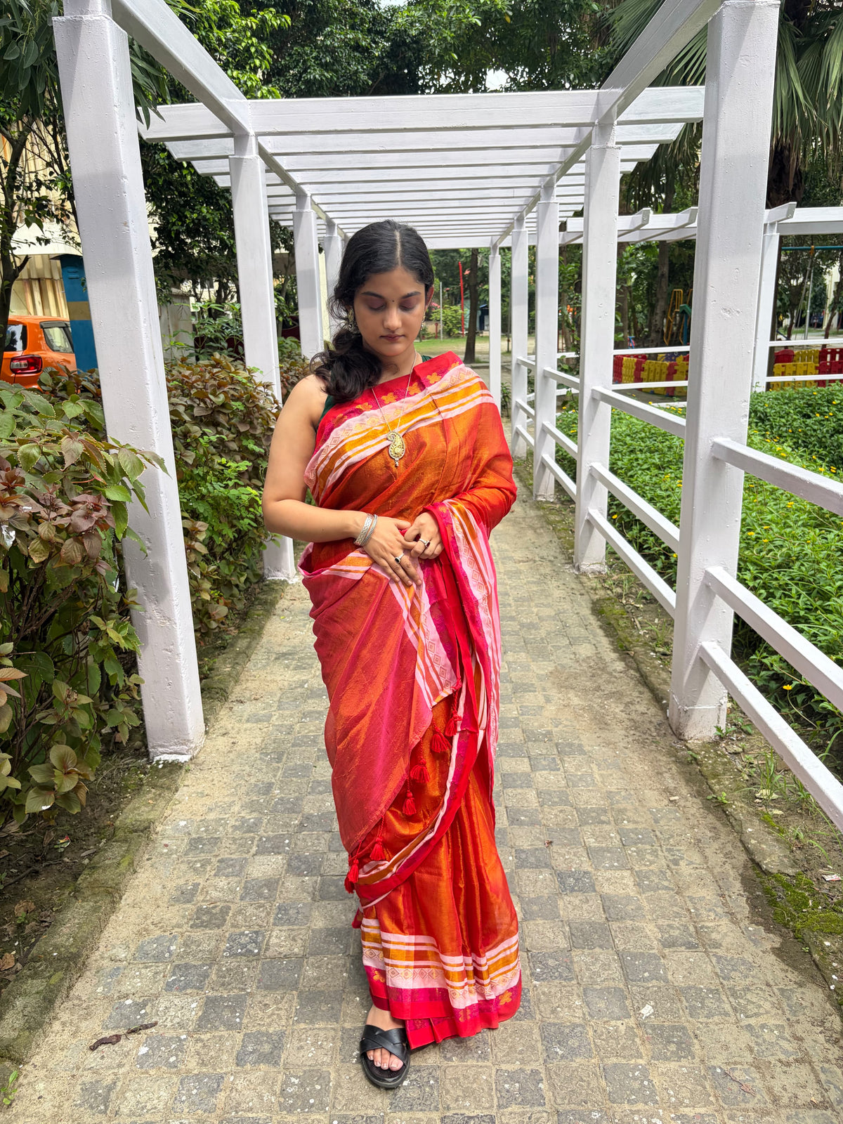 Red tissue mul cotton saree with woven borders