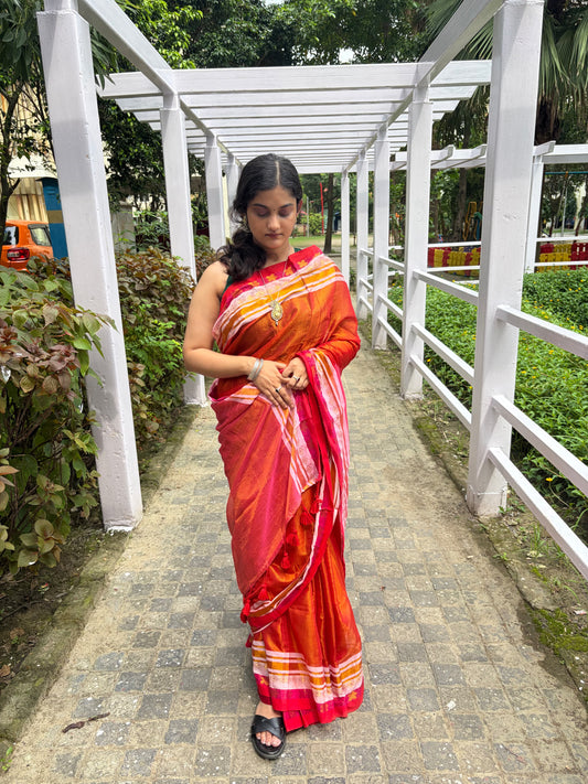 Red tissue mul cotton saree with woven borders
