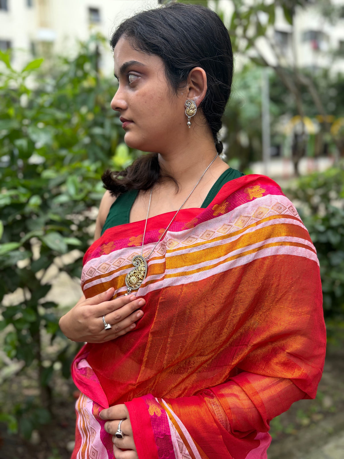 Red tissue mul cotton saree with woven borders