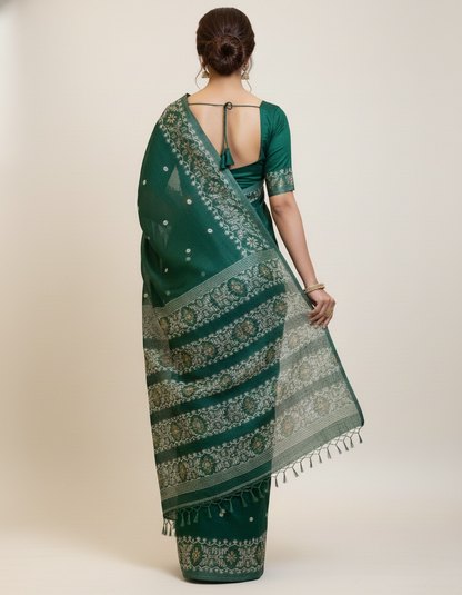 Bottle green Tussar Jamdani saree