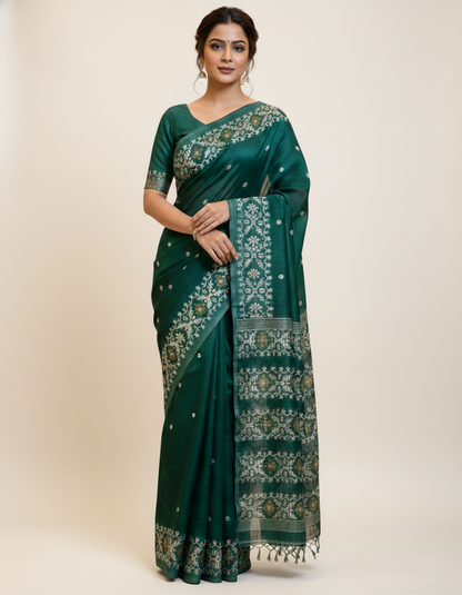 Bottle green Tussar Jamdani saree