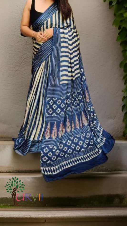 Ajrakh Printed Modal Silk (Blue)