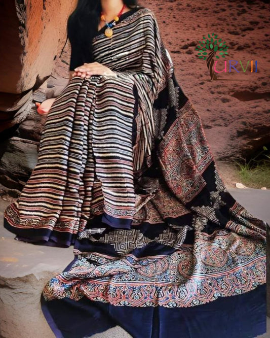 Ajrakh Printed Modal Silk (Striped)