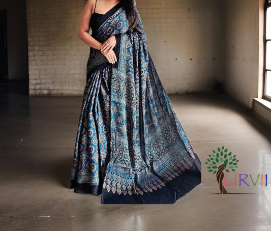 Ajrakh Printed Modal Silk (Blue)