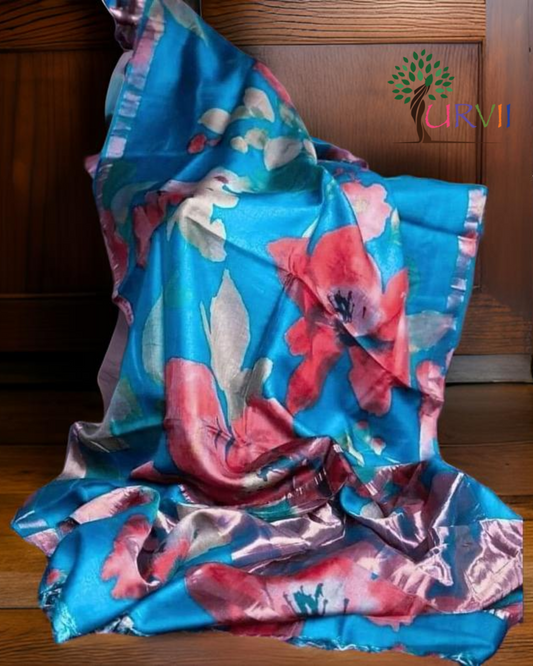 Tussar silk saree- blue and pink handpainted