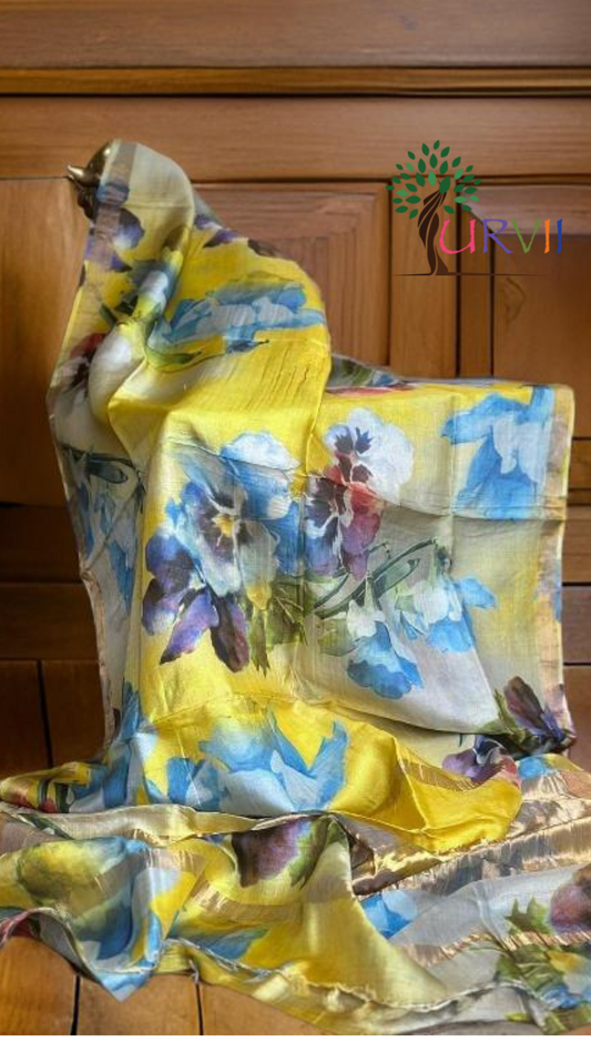 Tussar silk saree - blue and yellow hand painted
