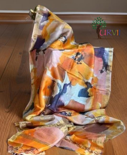 Hand painted pure tussar silk saree with contrast Blouse piece