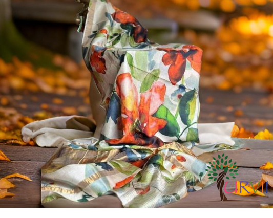Tussar silk saree- green and red handpainted