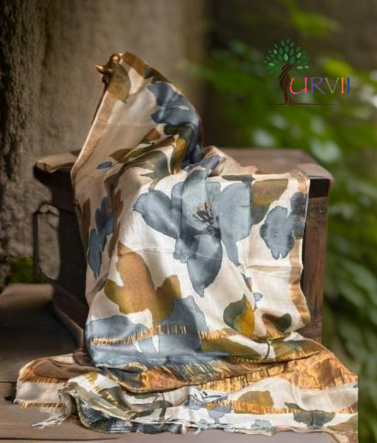 Tussar silk saree- gray and brown handpainted