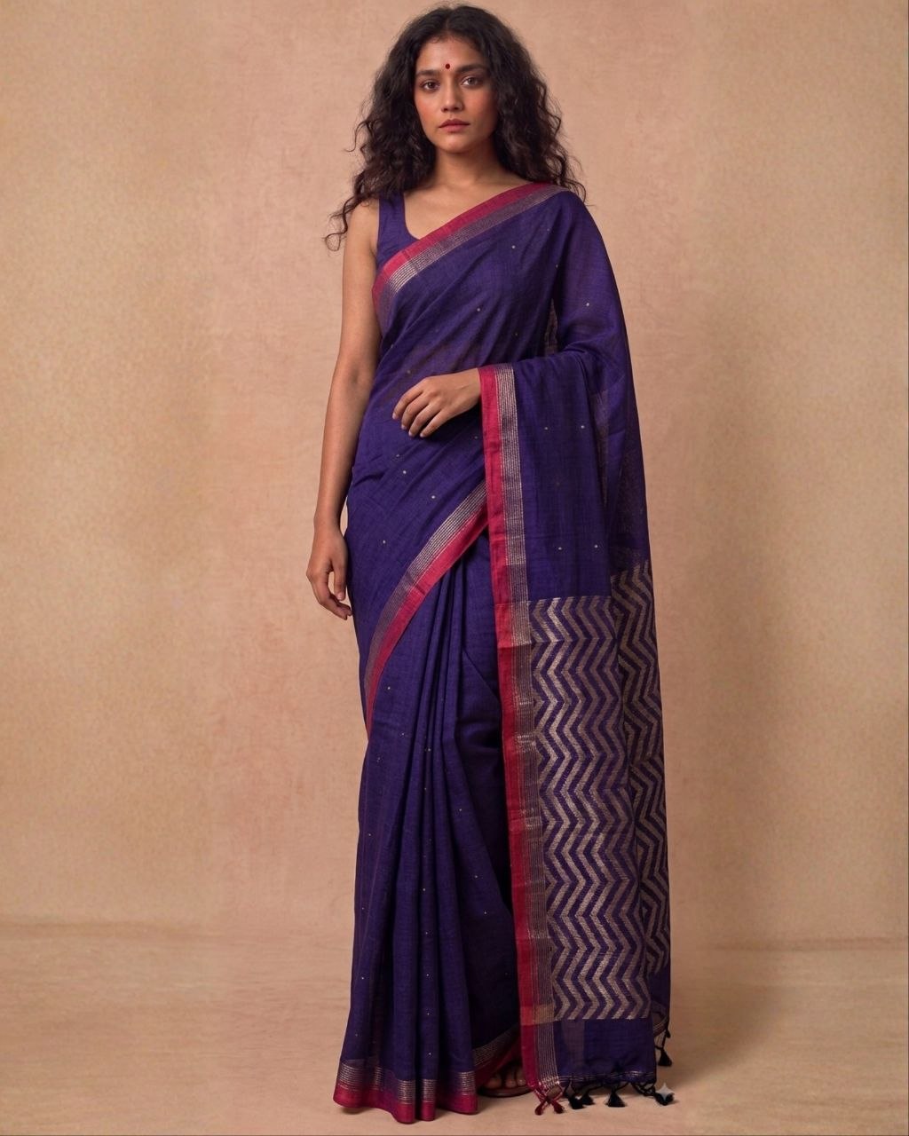 Deep mauve organic cotton linen saree